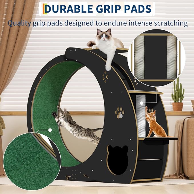 Cat Running Wheel for Indoor Cats, Large 6-in-1 Cat Treadmill with Bowls, Scratch Post & Resting House, Quiet Cats Wheel Exerciser for Kitty Fitness Black