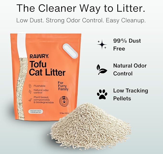 RAWRY Tofu Cat Litter | Clumping, Dust-Free, Unscented, Natural Compostable & Flushable Kitty Litter for Odor Control | 3 Month Supply: 23.1lb
