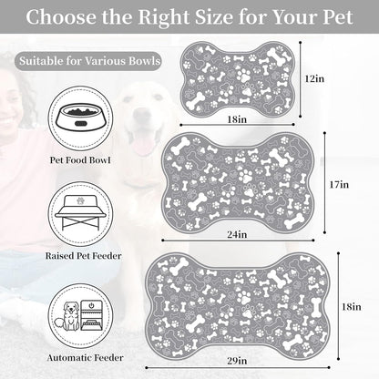 Dog & Cat Food Mat Bone Shaped Pet Feeding Mat Quick Absorb Water Bowl Placemat with Rubber Backing Indoor Floor Stain Resistant Pet Accessory Supplies (Grey, 16x24 Inches)