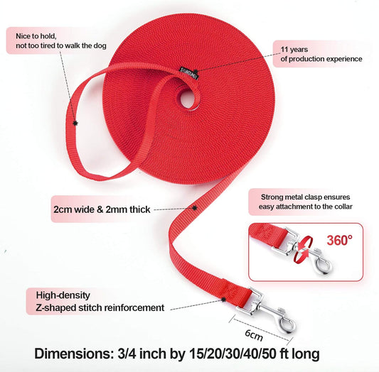 Dog/Puppy Obedience Recall Training Agility Lead - 15ft 20ft 30ft 40ft 50ft Training Leash - Great for Training, Play, Camping, or Backyard(Red,40 Feet)