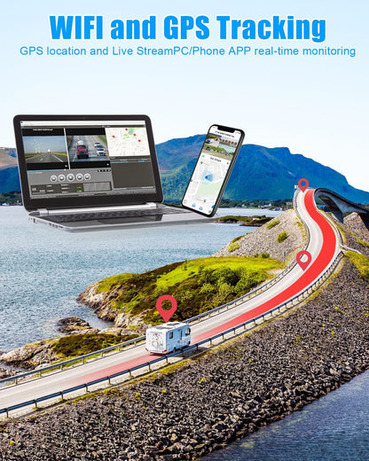 4CH 10.1 inch AI WiFi GPS RV Backup Camera Monitor System with Touch Screen and 4x1080P Waterproof Night Vision Cameras, Blind Spot Detection DVR Video Recorder for Truck Trailer Semi Camper Van Taxi