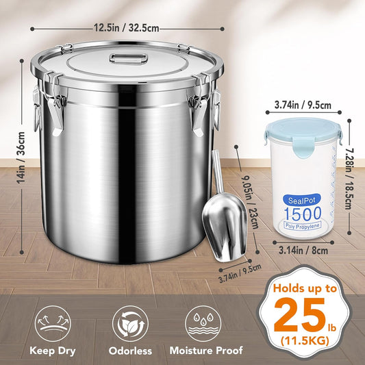 Dog Food Storage Containers, Large Stainless Steel Pet Food Storage Containers 25 lb / 11.5 kg to Keep Fresh, Metal Airtight Cat Food Containers With Scoop and 2 Small Containers