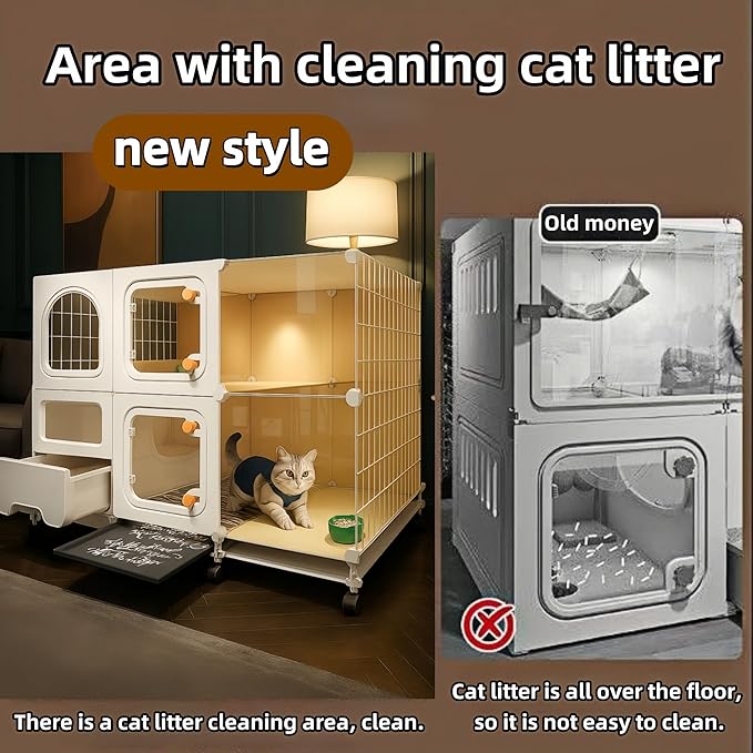 Indoor cat cage with Litter Box, Complimentary Cat Bed, Bow,lcat House with Wheels Outdoor,Large cat Villa Playpen, Small Animal Dog Kennel cat enclosures (42″(L) x18.2″(W) x32.4″(H))