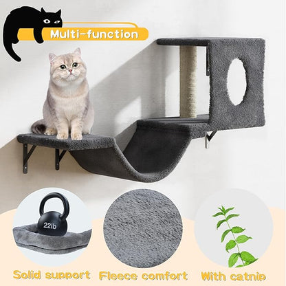 NUNU LAB Wall Mounted Cat Climber Set, 6 Pcs Cat Furniture Set with House, Bridge, Steps, Scratcher Board and Hammock, Shelves for Indoor, Luxury Walls Furniture(Dark)