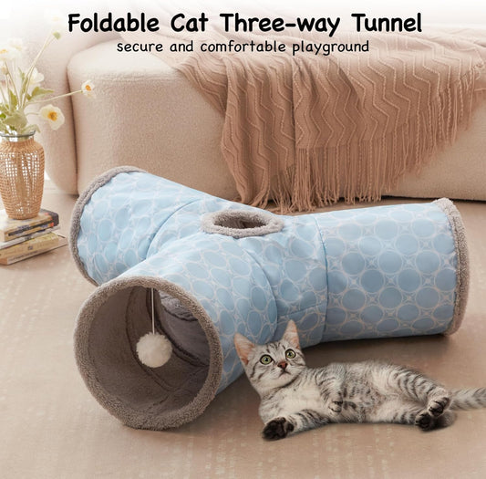 Tempcore Pet Cat Tunnel Tube Toys 3 Way Collapsible, Cat Tunnels for Indoor Cats Fleece-Lined in for Warmth๏ผKitty Tunnel Bored Cat Pet Toys Peek Hole Toy Ball Cat, Puppy, Kitten, Geometry Blue