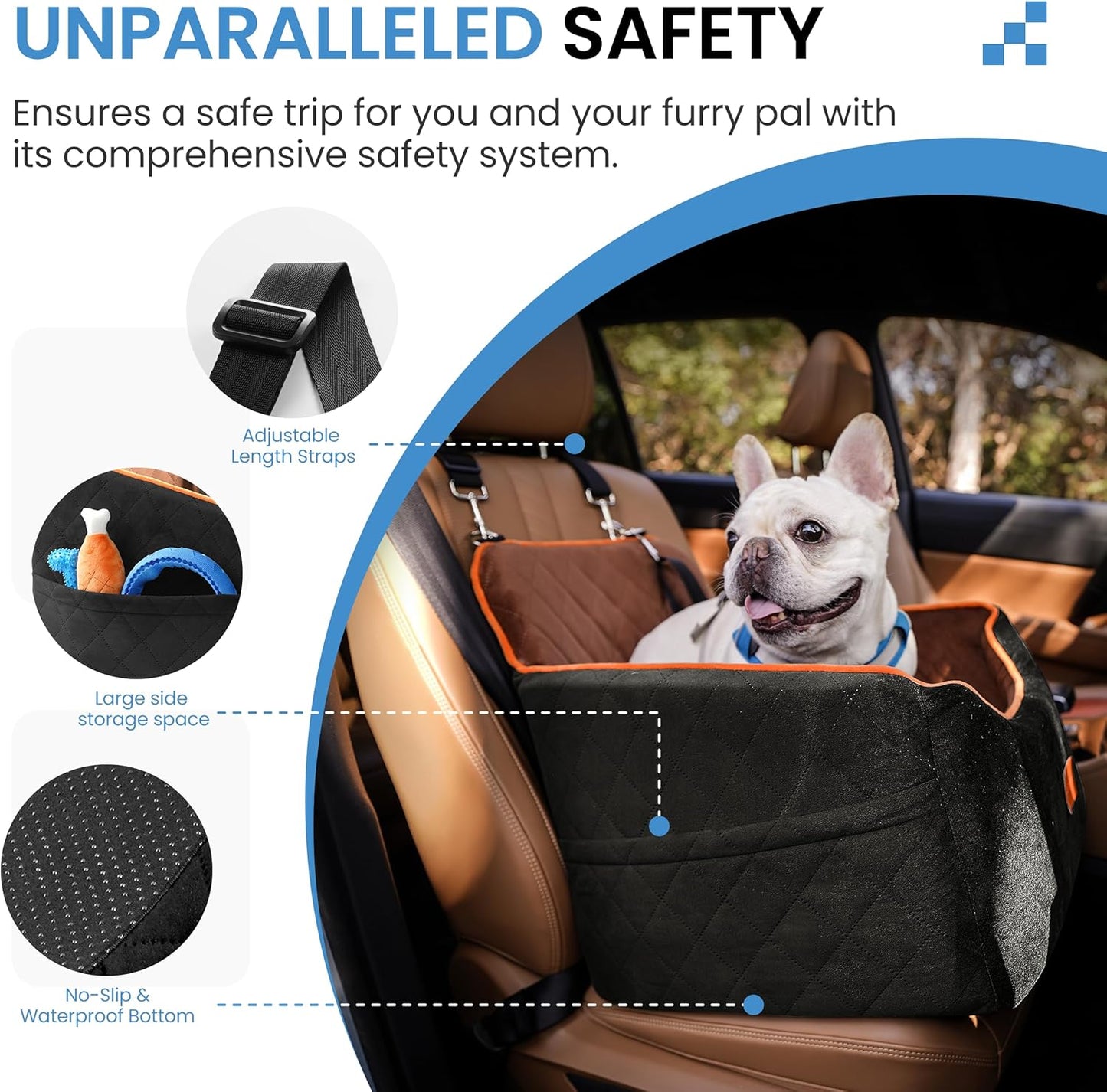 Dog Car Seat for Small Dogs - Puppy Car Seat with Safety Strap & Waterproof Padding, Portable Pet Carrier for Cars, Trucks & SUVs, Comfortable Elevated Bed for Pets Up to 35lbs (Black/Coffee) - Pawvie