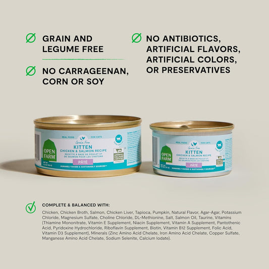 Open Farm Canned Kitten Food, Paté for Complete & Balanced Nutrition, Grain-Free and Legume-Free Wet Kitten Food, Chicken & Salmon Recipe, 2.8oz Cans (Case of 18)