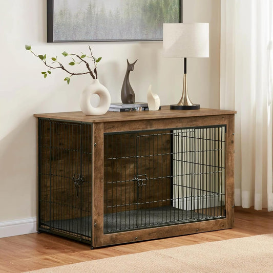 Dog Kennel Furniture, Wooden Dog Crate End Table, Heavy Duty Dog Crate, Decorative Pet Crate Dog Cage for Large Indoor Use (Rustic Brown) 39" L×26" W×27" H