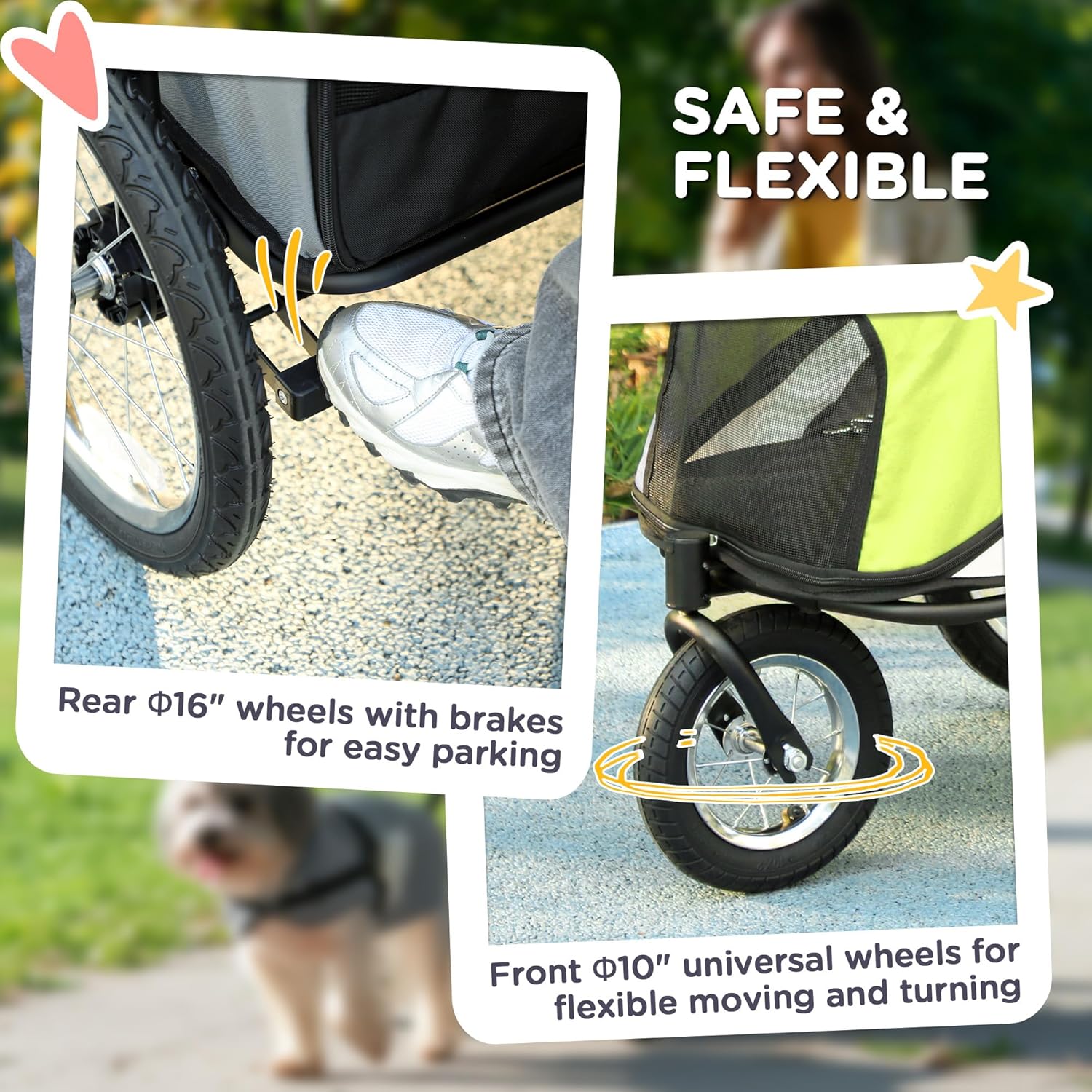 PawHut Dog Stroller, Pet Stroller 3 Wheels with Easy One-Hand Fold, Rubber Wheels, Storage Bag, Soft Cushion, Safety Leash, for Small & Medium Dogs, Yellowish Green - Pawvie