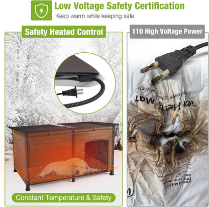 GUTINNEEN Heated Dog House Outdoor 59.1" Extra Large Dog Kennel with Metal Frame Insulated Dog Crate Cage for Large Dogs Outside with Heater and Insulated Liner, Brown