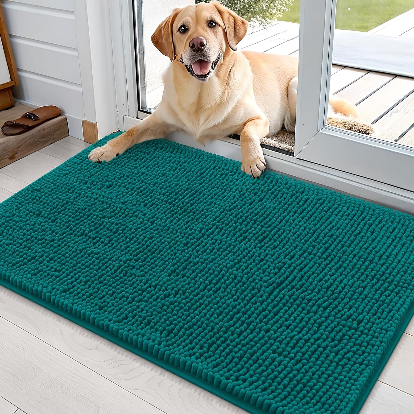 OLANLY Dog Door Mat for Muddy Paws 36x24, Absorbs Moisture and Dirt, Absorbent Non-Slip Washable Doormat, Quick Dry Chenille Mud Mat for Dogs, Entry Indoor Entryway Carpet for Inside Floor, Lake Blue