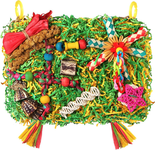 Bird Toys Parakeet Toys,Large-Sized Parrot Foraging & Shredding Cage Hanging Toys with Seagrass Mat for Budgies,Cockatiels,Lovebirds,Conures Small & Medium Parrots (Colorful with Starfruit (1PCS))