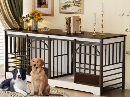 78 Inch Double Dog Crate Furniture, Extra Large Dog Kennel Indoor with Divider, Heavy Duty Dog Cage for 2 Dogs, Decorative Wooden Dog House Decorative Table TV Stand, Pet House for XLarge Dogs,White
