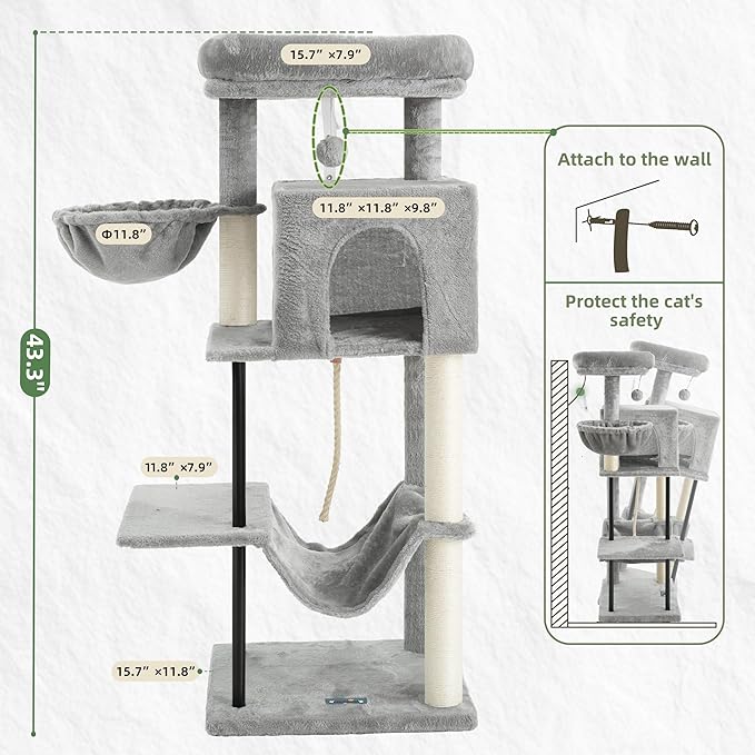 Cat Tree, Cat Tower for Indoor Cats, 43.3 inch Cat Tree Tower with Sturdy Steel Tube, Cat Hammock, Cat Condo for Small Cats and Kittens, Cat Scratching Post, Light Gray GCT004SW