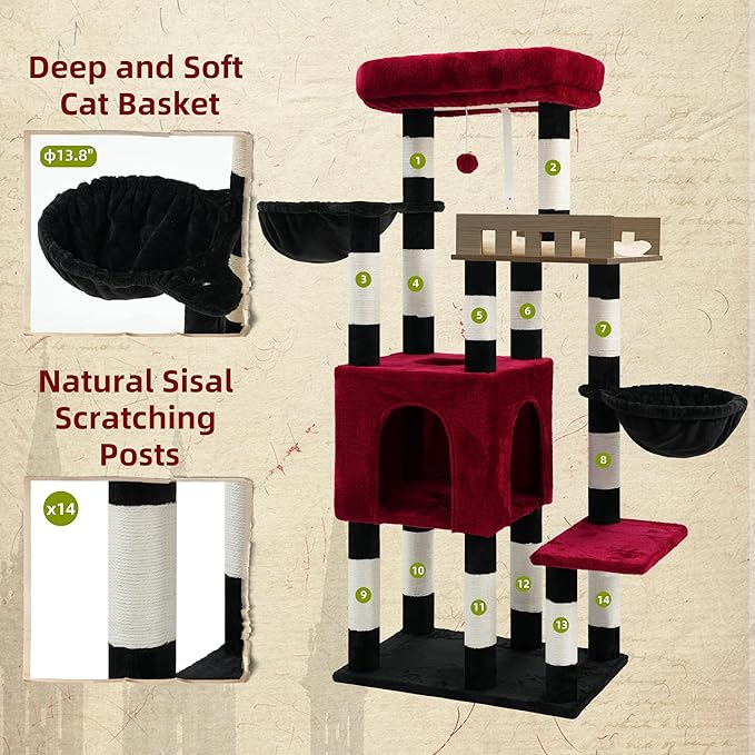 Cat Tree for Indoor Cats Large Adult, Heavy Duty Cat Tree for Large Cats 20 lbs+, Cat Condo with Big Wooden Perch, Cat Tower with 14 Scratching Posts, Hammock, Black GCT023BR