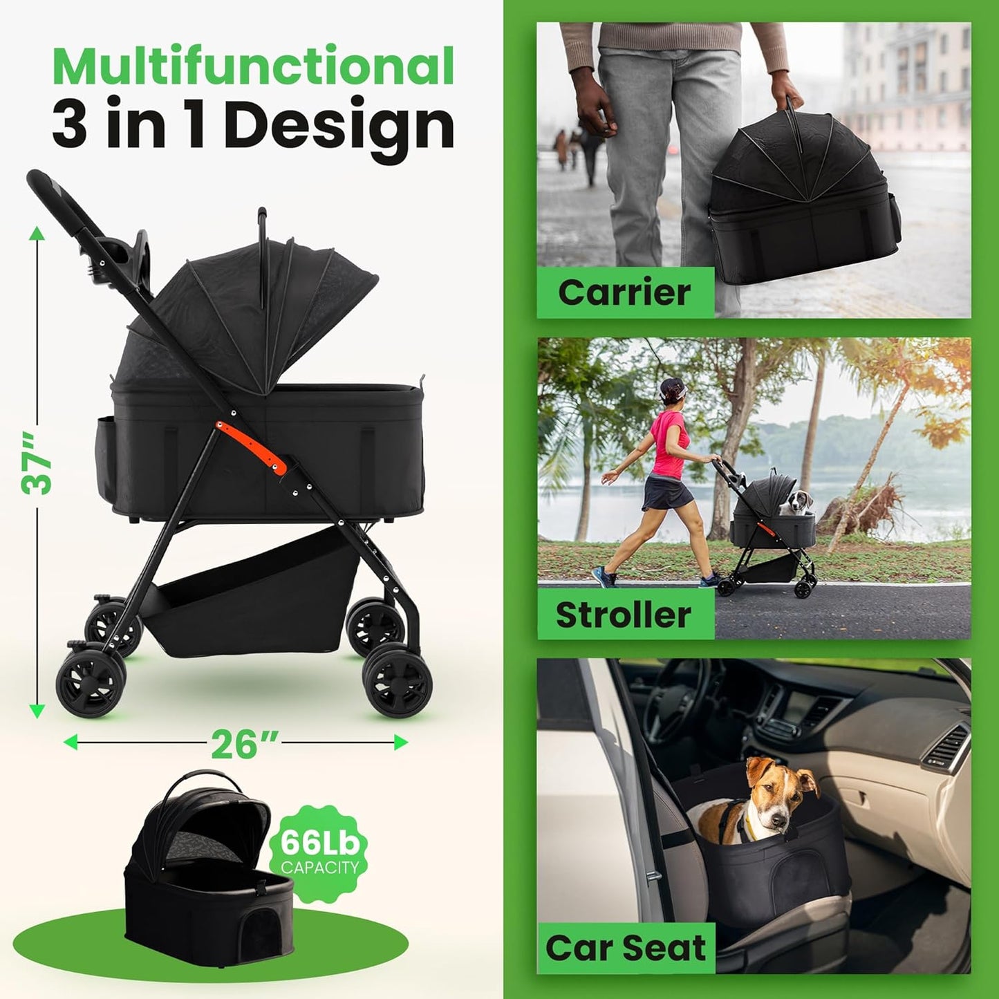 Pet Stroller 3 in 1 Foldable Dog Stroller, Cat Strollers, Foldable pet Strollers & Cat Carrier, Pet Carrier, Lightweight with Cup Holder, Waterproof Max Load 66 lbs, Breathable Mesh Canopy - Pawvie