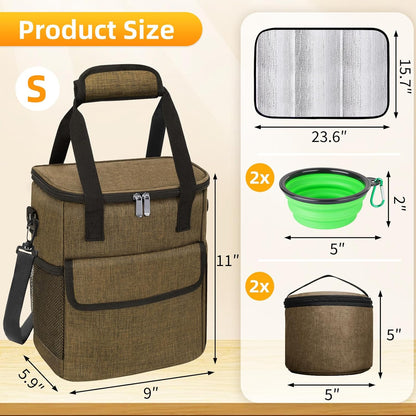 Dog Travel Bag for Camping - Pet Travel Accessories with 2 Collapsible Bowls, 2 Food Containers & Waterproof Feeding Mat - Portable Dog Carrier, Coffee (Small) - Pawvie
