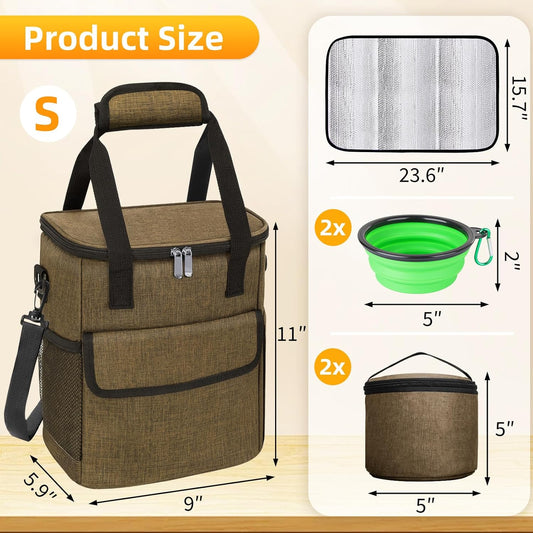 Dog Travel Bag for Camping - Pet Travel Accessories with 2 Collapsible Bowls, 2 Food Containers & Waterproof Feeding Mat - Portable Dog Carrier, Coffee (Small) - Pawvie