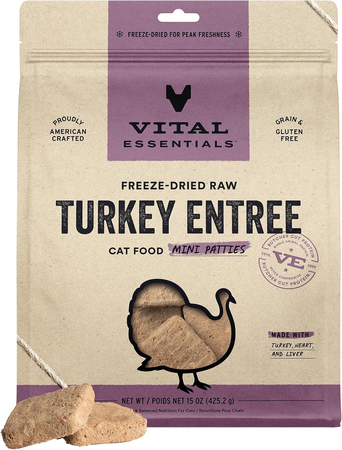 Vital Essentials Freeze Dried Raw Cat Food, Turkey Mini Patties Entree, 15 oz