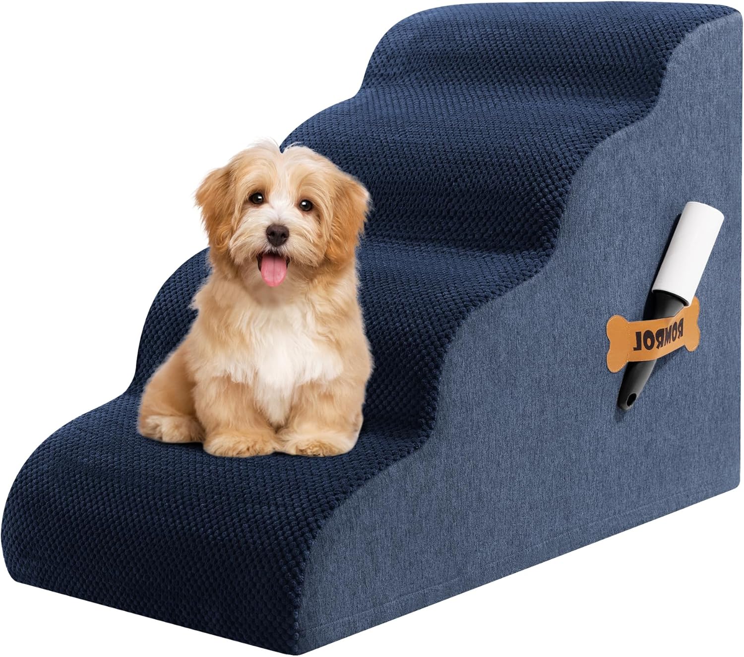 Dog Stairs, Romrol Dog Steps Ramp for High Bed and Couch, Dogs Ramp with Durable Non-Slip Waterproof Fabric Cover, Pet Stairs for Small Dogs and Cats or Pets Joints, 4-TiersNavy - Pawvie