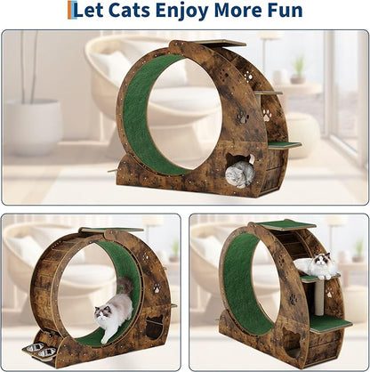 55" Multi-Cat Exercise Wheel with 3-Level Jumper & Scratching Pad - Silent TPE Spinner Activity Center with Rest Area to Prevent Boredom and Obesity in Indoor Cats