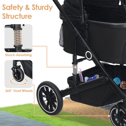 Pet Stroller with 4 Wheels, 3 IN 1 Folding Puppy Strollers for Small/Medium Dogs Cats up to 50lbs, Lightweight Pet Travel Carrier with Detachable Cushion, Storage Basket and Cup Holder, Black - Pawvie