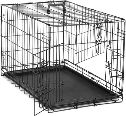 DUMOS Dog Crate with Double Doors, Metal Foldable Pet Cage with Divider Panel and Removable Tray, Portable Large Kennel for Outdoor Indoor with Handle, Black, 42 Inch