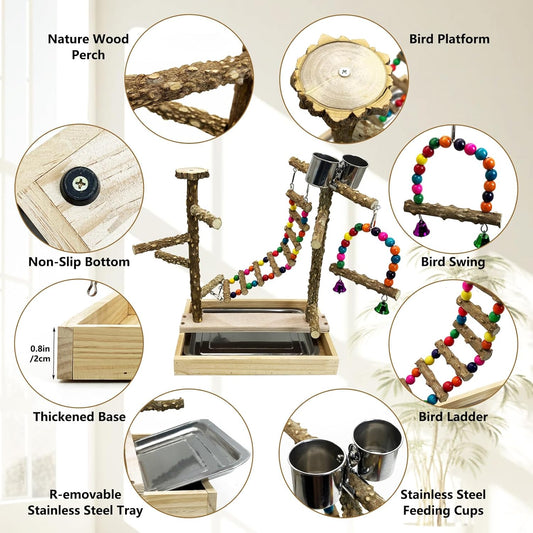 Tfwadmx Bird Playground Natural Wood Bird Play Stands Parrot Perch Stand with Removable Tray Climb Ladders Swing Chewing Toys for Lovebirds Cockatiels Budgies
