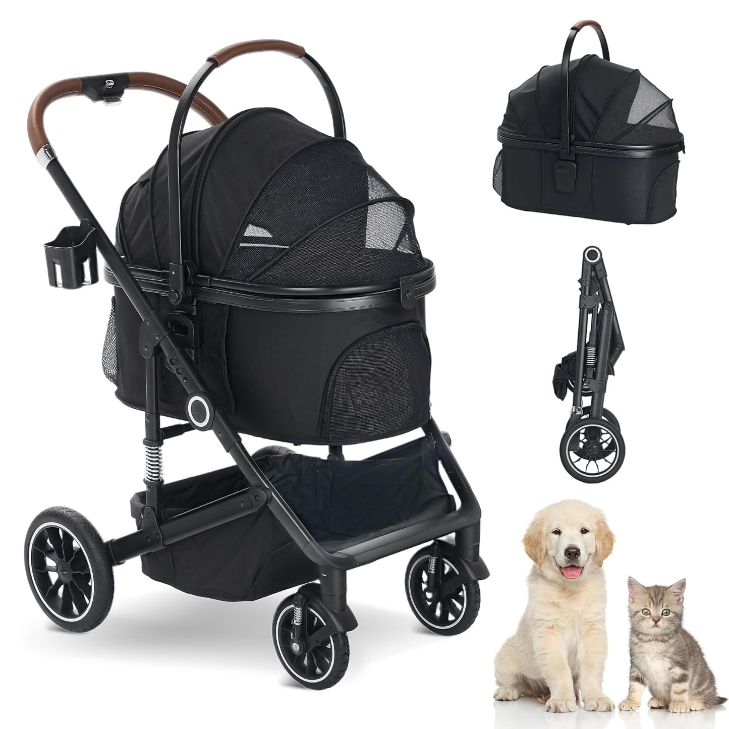 Pet Stroller with 4 Wheels, 3 IN 1 Folding Puppy Strollers for Small/Medium Dogs Cats up to 50lbs, Lightweight Pet Travel Carrier with Detachable Cushion, Storage Basket and Cup Holder, Black - Pawvie