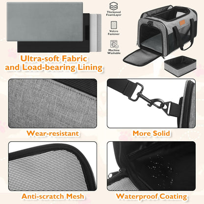PETUX TSA Approved Pet Carrier in Cabin, 17"x11"x9.5" Soft Cat Carriers for Small Cats up to 12 lb, Top-Open Portable Dog Carrier with Litter Box and Anti-Scratch Mesh for Puppy up to 10 lb (Grey)