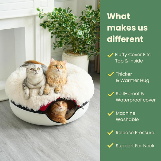 CATTASAURUS Peekaboo Cat Cave for Multiple & Large Cats Up to 30-45 Lbs, Fluffy Cat Beds & Furniture, Scratch Detachable & Washable Tunnel Bed, Comfy Donut Bed (Ruby Snowball, Large (Calming))