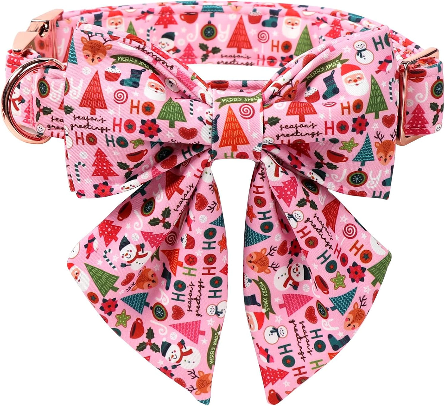 Lionet Paws Christmas Dog Collar with Sailor Bow, Cute Ho Christmas Tree Snowman Pink Dog Collar Bow Tie for Dogs, Medium, Neck 13.5-22 inches