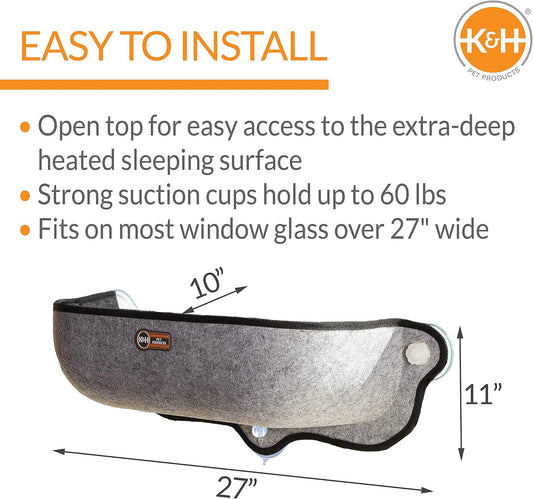 K&H Pet Products EZ Mount Thermo-Kitty Window Bed Extra-Deep Gray 27 X 10 X 11 Inches