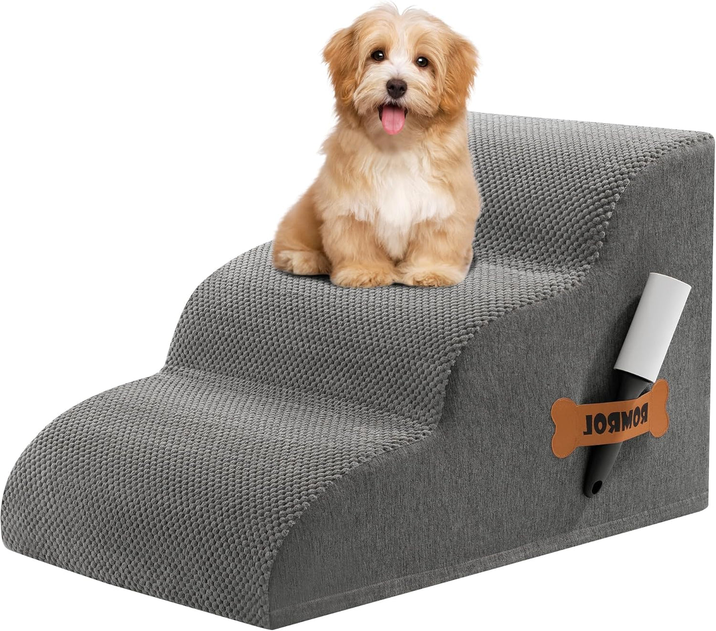Romrol Dog Stairs Ramp for Beds Couches, Extra Wide Pet Steps with Durable Non-Slip Waterproof Fabric Cover, Dog Slope Stairs for Small Dogs and Cats or Pets Friendly, 3-Tiers, 13 Inch,Grey - Pawvie