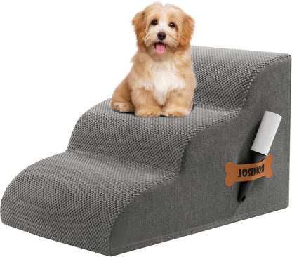 Romrol Dog Stairs Ramp for Beds Couches, Extra Wide Pet Steps with Durable Non-Slip Waterproof Fabric Cover, Dog Slope Stairs for Small Dogs and Cats or Pets Friendly, 3-Tiers, 13 Inch,Grey - Pawvie
