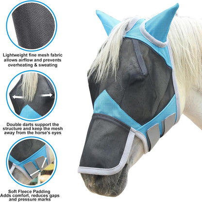 Horse Fly Mask with Ears & Long Nose Cover | Forelock Opening for Tangle-Free Mane Care | UV Protection & Breathable Mesh | No Rub Fit and Enhanced Visbility for Trail Riding Paleblue Pony