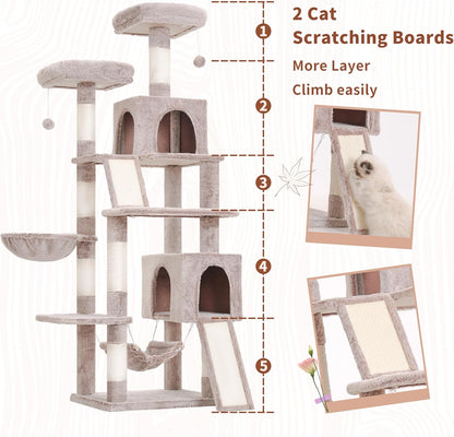 Cat Tree for Indoor Cats, 71'' (180cm) Multi-Level Cat Tower for Large Adult, Sturdy Cat Tree House with 2 Scratching Boards 7 Posts, 2 Plush Perches/Condos, Hammock, Muchroom GCT032MU