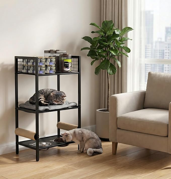 4in1 Cat Furniture Stand with Cat Scratching Post, Cat Food Bowls, Cats Bed Platform, Cats Food Storage Organizer, All in One Pet Furniture for Small Space (Black)