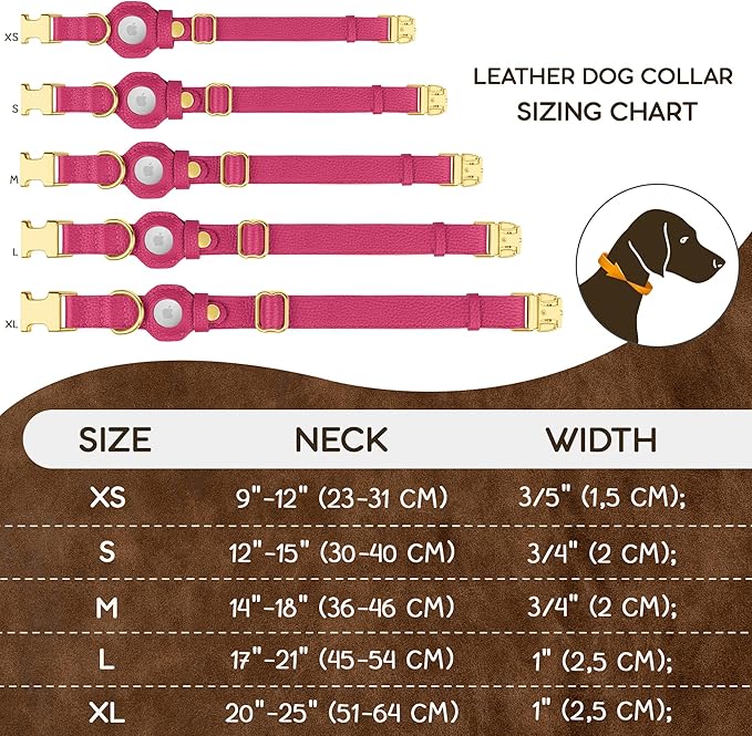 Leather Airtag Dog Collar - Soft Tracking Dog Collar with Apple AirTag Holder and Metal Buckle - Safety GPS Pet Collars for Small Medium Large Dogs Puppy Pink Red (Pink, S, 12"-15" Neck Fit)
