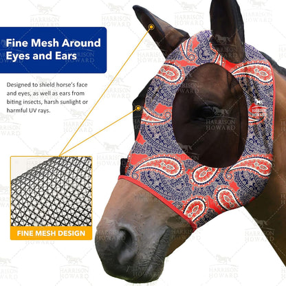 Harrison Howard Super Comfort Stretchy Fly Mask Large Eye Space with UV Protection Soft on Skin with Breathability Orange Paisley Full Size