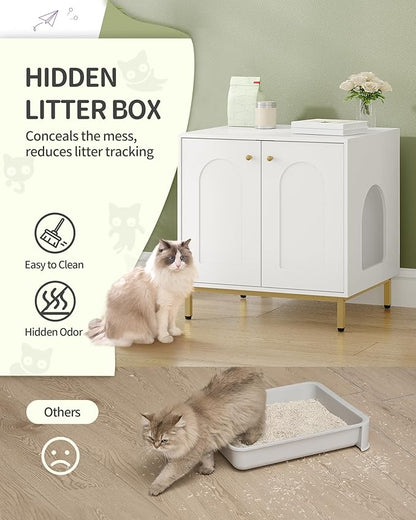Cat Litter Box Enclosure, Hidden Litter Box Furniture Cabinet, Wooden Indoor Cat House, Side End Table, Living Room, Bedroom, White and Gold CB81203G
