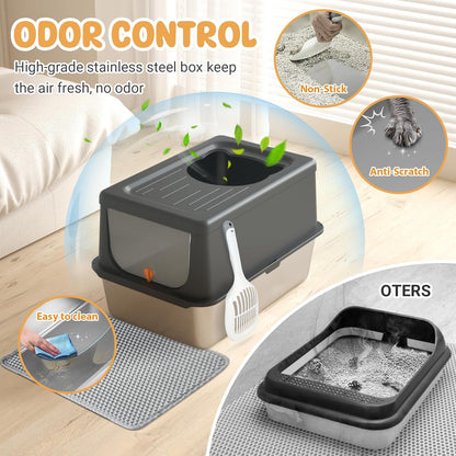 Stainless Steel Litter Box with Lid, Extra Large Cat Box with high Sides, Kitty Litter Pan Enclosure, top Entry Cat Litter Box Extra Large with Litter Scoop & Litter Mat, Anti-Leakage (XL Black)