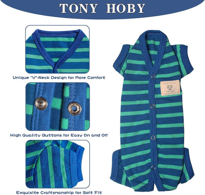 TONY HOBY Dog Pajamas for Female/Male, Dog Jumpsuit with Stripes for Small Medium Dogs, Soft and Comfortable 4 Legged Pajamas Dogs Clothes (Blue&Green, Boy, S)