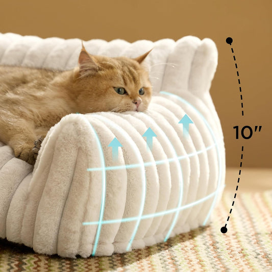 Bedsure Cute Couch for Pets - Fluffy Pet Sofa with Premium Soft Corduroy Fleece, Fuzzy Cat Beds for Indoor Cat with Removable Washable Cover, Supportive Pet Chair, 24inch, Cream