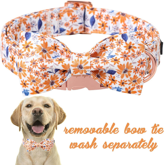 Unique Style Paws Autumn Leaf Collar with Bow Blue Leaf Flower Cotton Dog Collars for Small Medium Large Dogs
