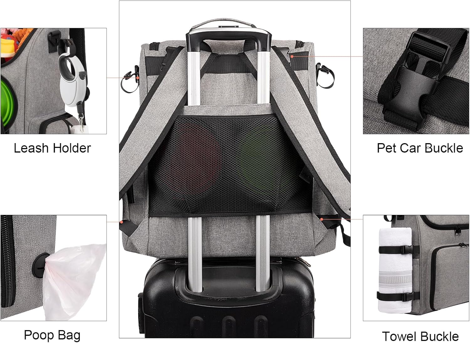 Modoker Dog Travel Bag Backpack, Airline Approved Pet Accessories Organizer for Dog and Cat with Shoulder Strap, 2 Dog Food Storage Containers, 2 Collapsible Dog Bowls,1 Pet Mat, Grey - Pawvie