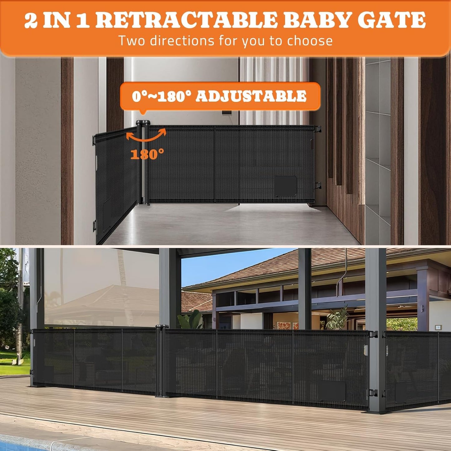 2-in-1 Retractable Baby Gates, 41" Tall Mesh Dog Gate with Cat Door 1-Pack, One Side Up to 71" Wide, Total 142" Wide, Long Retractable Pet Gate for Stairs Landing Indoor Outdoor-Black