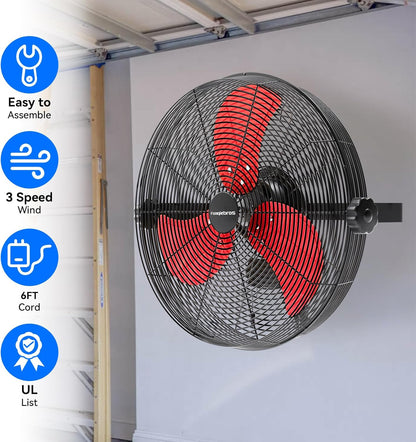 4580 CFM 18 inch High Velocity Wall Mounted Fan, 3-Speed Metal Fan with Sealed Motor, 360 Degree Tliting Heavy Duty Wall Fan for Patio, Barn, Garage, and Gazebo - UL listed