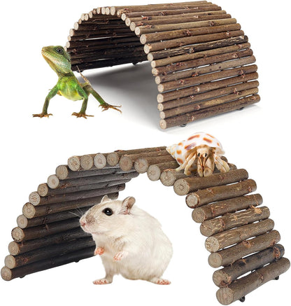 2PCS Reptile Hideout Hermit Crab Bendable Bridge, Wooden Hermit Crab Hideout Climbing Toys, Reptile Tank Habitat Decor Hiding Hut for Lizards, Mice, Spiders