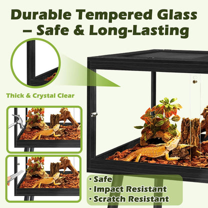 PROLEE Bearded Dragon Tank with Leg,Tempered Glass Lizard Tanks and Reptile Enclosure,Up to 78 Gallon Reptile Tank with Metal Mesh and Lockable Door for Snakes,Chameleon (Black, 60Gallons,40inch)